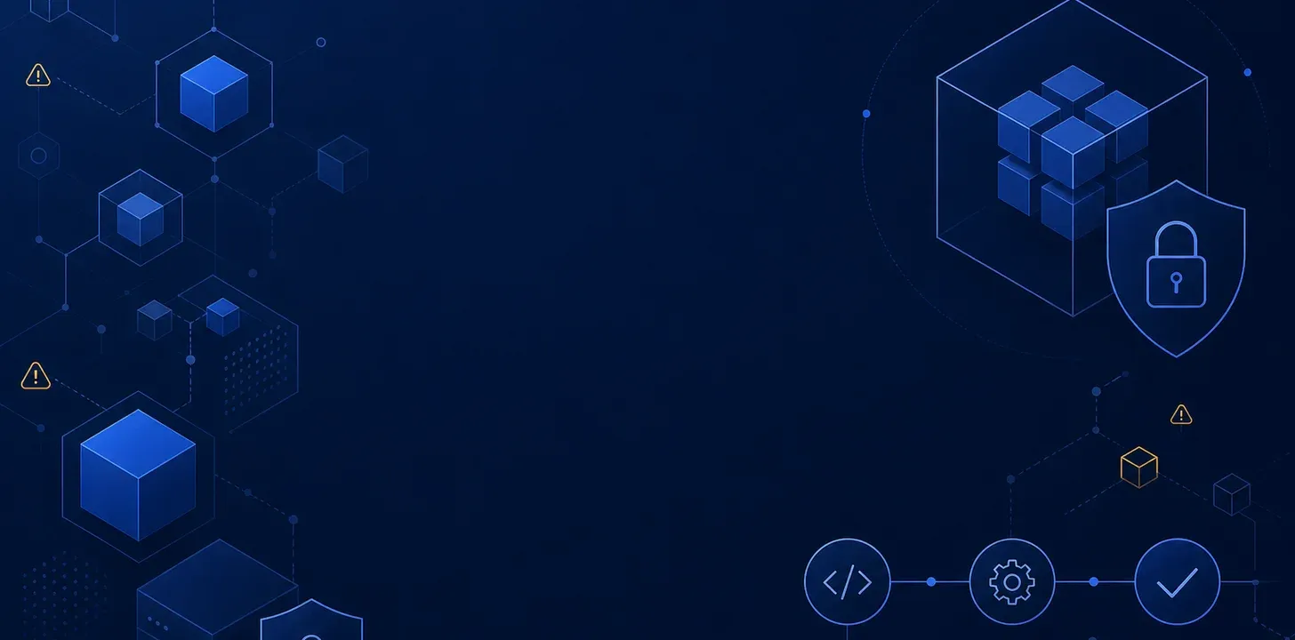 Editorial illustration of a JavaScript package supply chain: connected nodes, pipeline lines, and shield motifs on a deep blue background